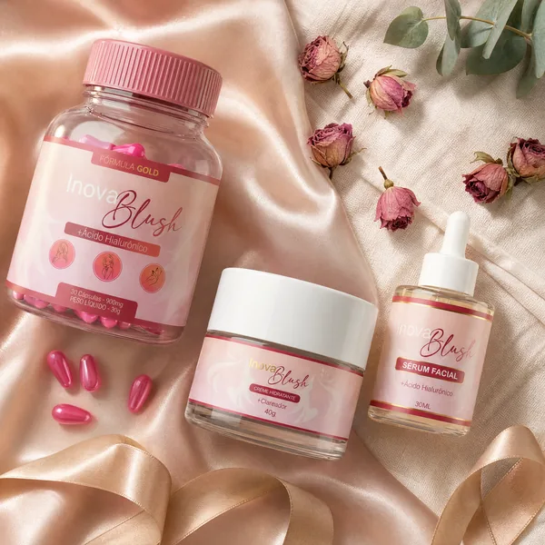 Cápsulas, sérum e creme Inova Blush sobre cetim rosé
