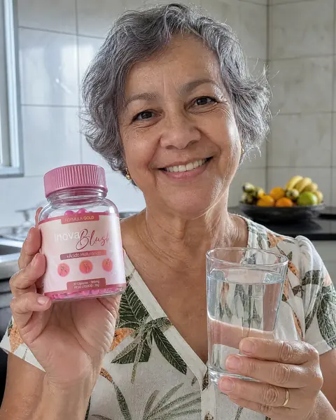Mulher sorrindo segurando o pote de cápsulas e um copo de água