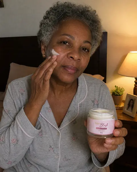 Mulher aplicando o creme Inova Blush no rosto antes de dormir