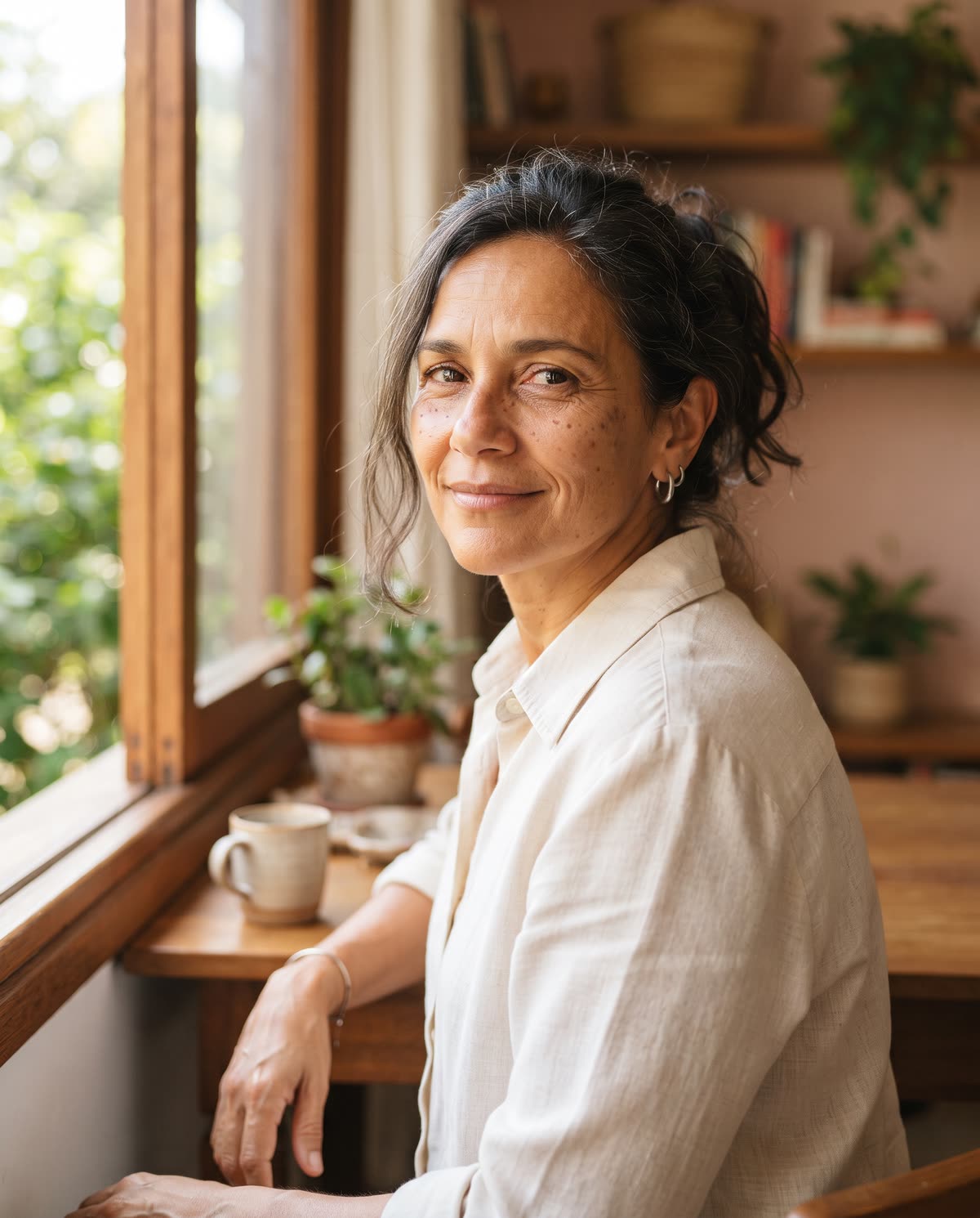 Mulher de 52 anos com pele natural e luminosa, sentada perto de uma janela