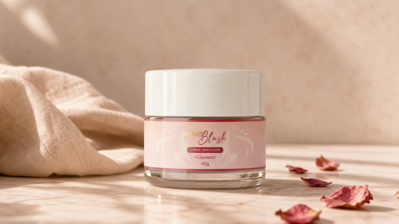 Creme hidratante clareador Inova Blush sobre mármore, luz natural