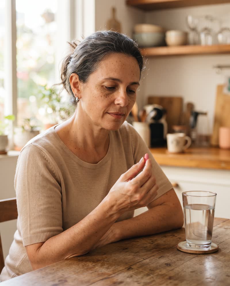 Mulher segurando uma cápsula Inova Blush ao lado de um copo d'água