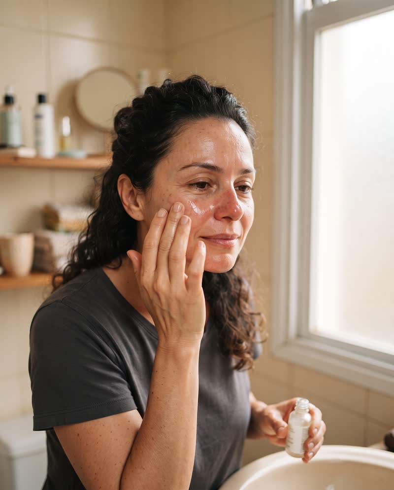Mulher aplicando sérum facial Inova Blush na bochecha, luz da manhã